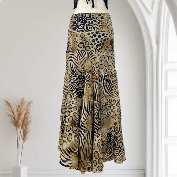 Fairy Grunge Brown Tan Layered Leopard Print Midi Maxi Skirt Size 6 / S Small - Picture 1 of 7